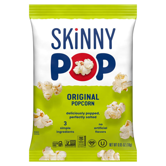 Individual Skinny Pop popcorn snack bags