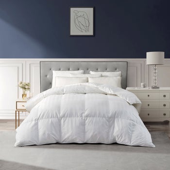 Hotel Grand white king down comforter with damask stripe cotton cover