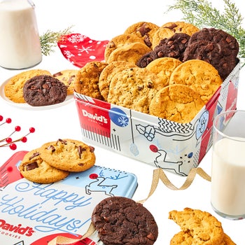 David's Cookies Winter Wonderland holiday cookie tin with assorted fresh-baked cookies