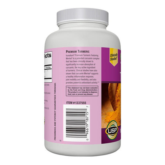 trunature turmeric supplement front label with 180 capsules