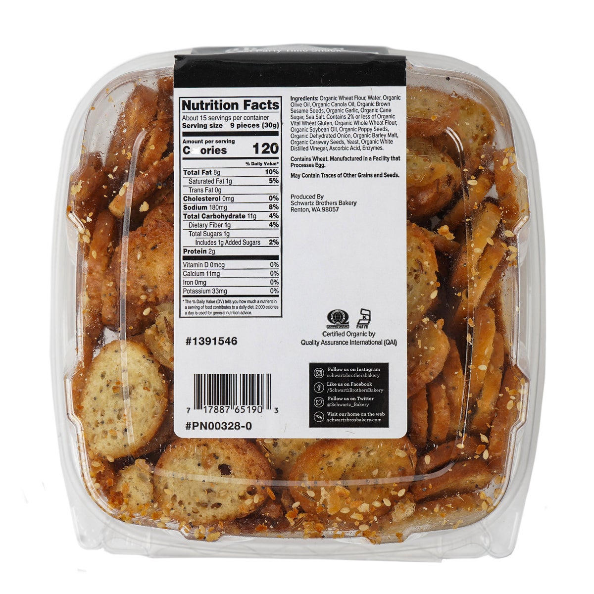 Schwartz Brothers crunchy everything bagel chips container