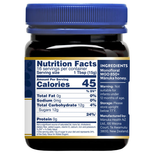 Front label of Manuka Health MGO 850+ honey