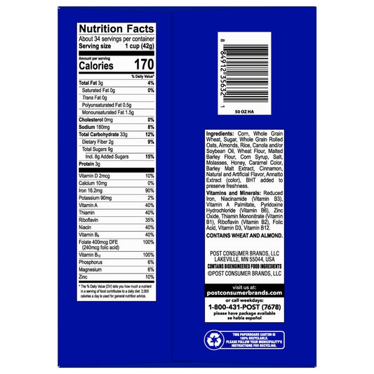 Front view of Post sweetened cereal with oats and honey