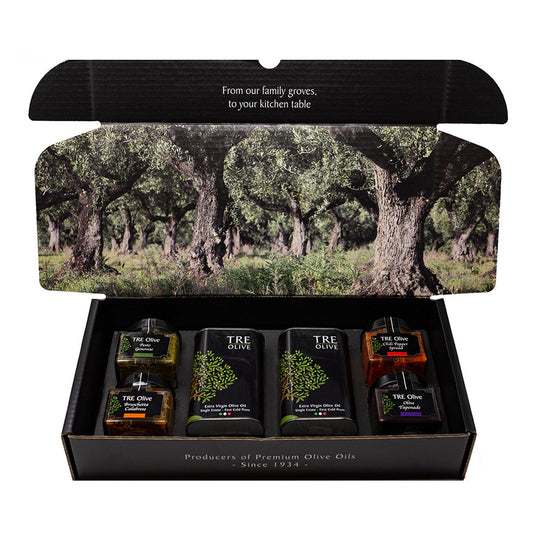 TRE Olive gift box featuring extra virgin olive oil