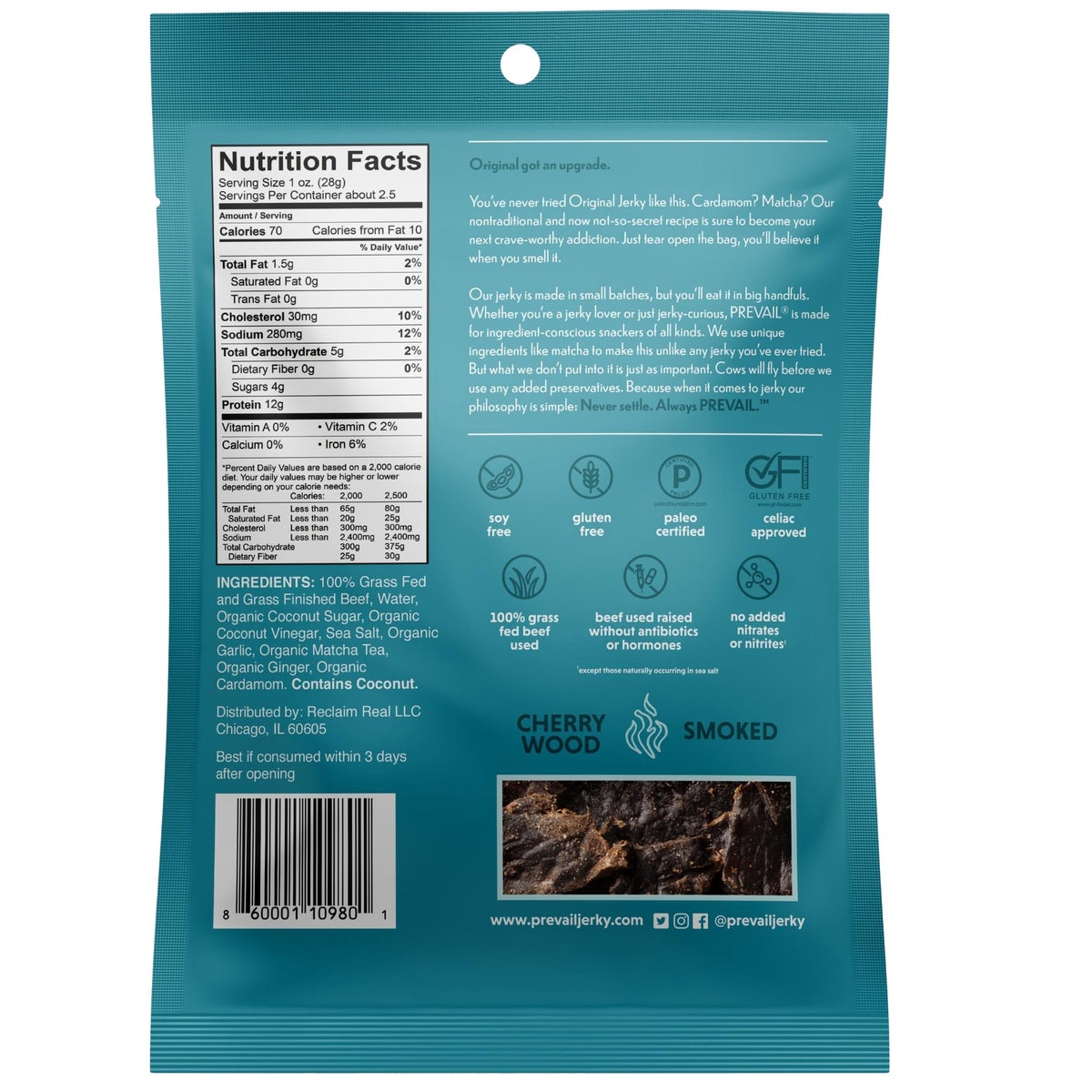 Prevail variety grass fed beef jerky close-up packaging