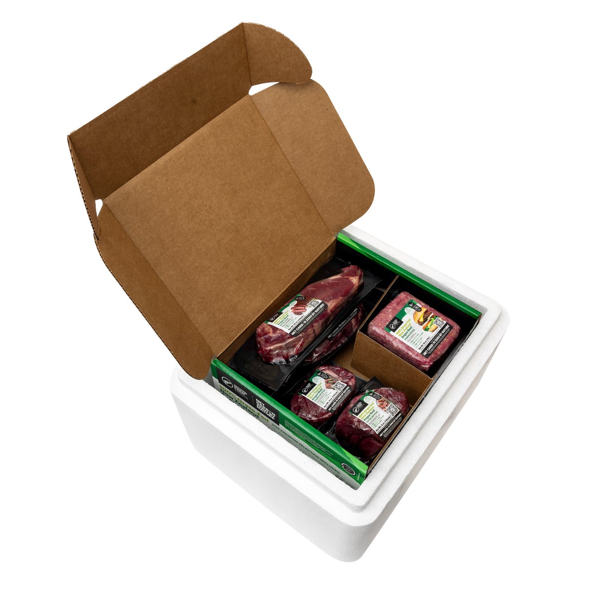 Assorted steak cuts and ground packs