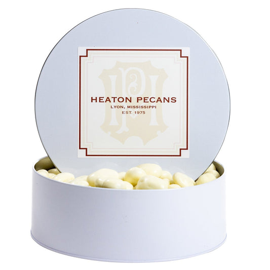 White chocolate covered pecans in 3.75 lb tin