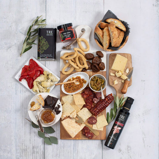 Italian gift box with sauce olive oil jam and olives