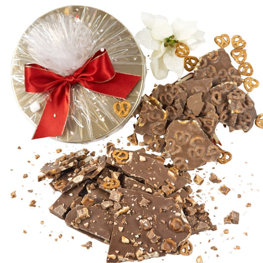Salted caramel pretzel chocolate bark in gift tin