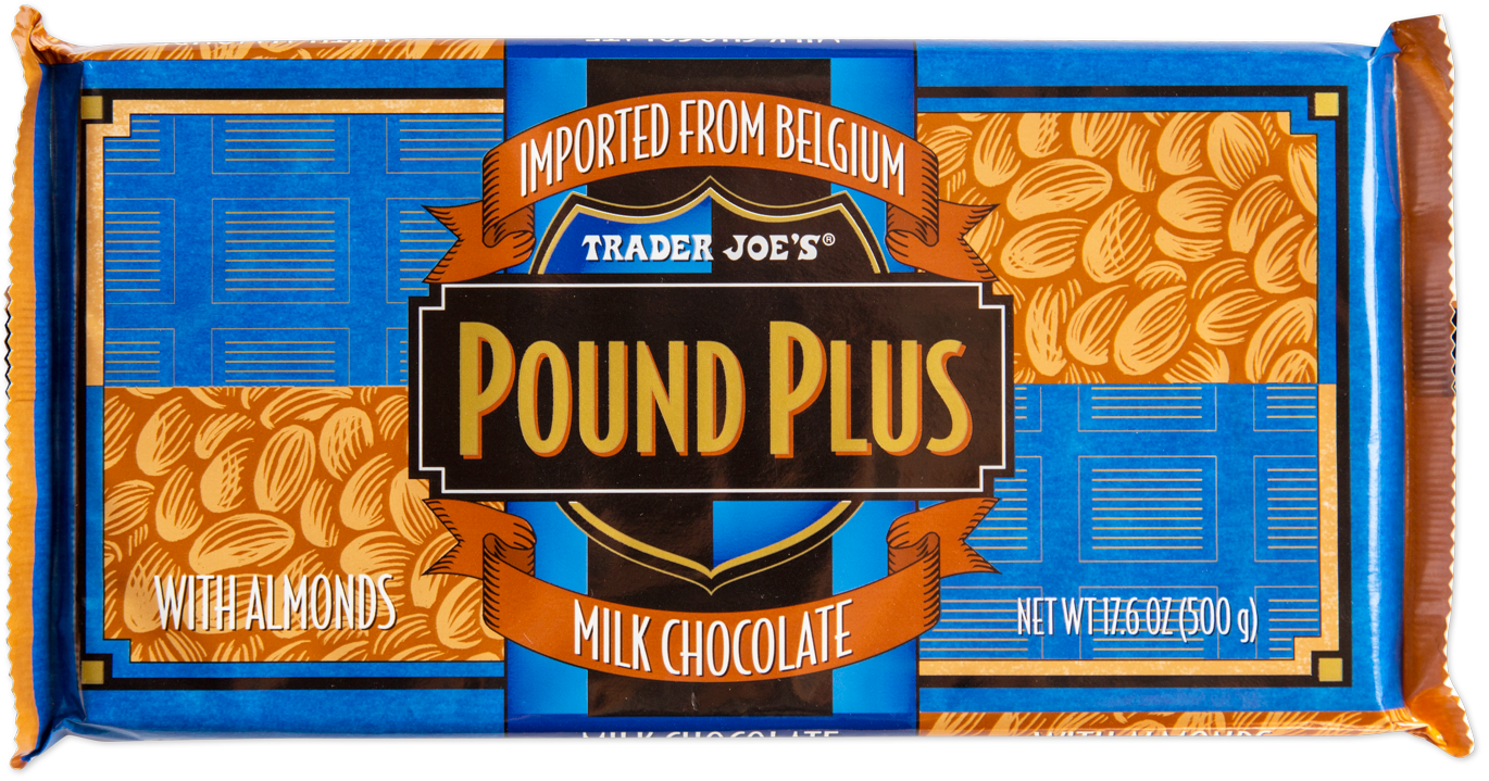 Trader Joe's Pound Plus milk chocolate bar with almonds