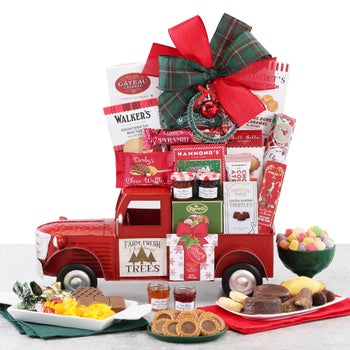 Wine Country Red Holiday Truck Gift Basket with holiday sweets