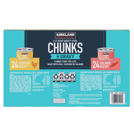 Canned cat food chunks in gravy with chicken