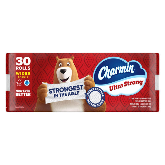 Charmin Ultra Strong toilet paper rolls stacked in pack