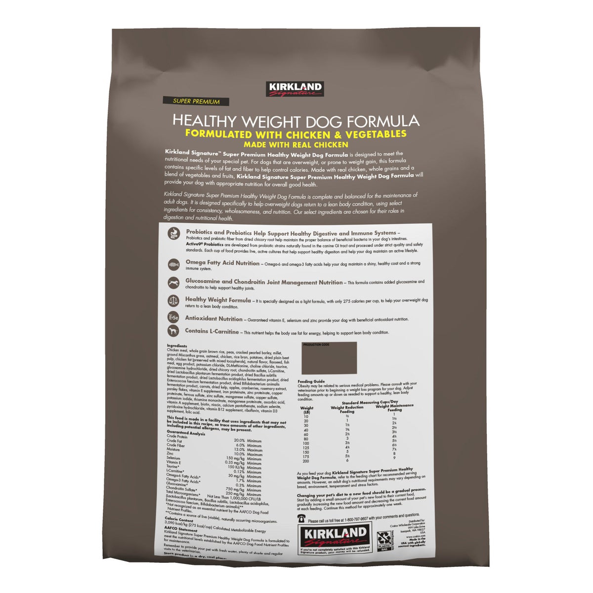 Kirkland Signature dog food bag for healthy weight formula