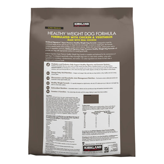 Kirkland Signature dog food bag for healthy weight formula