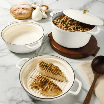 Sur La Table cream enameled cast iron stackable cookware set
