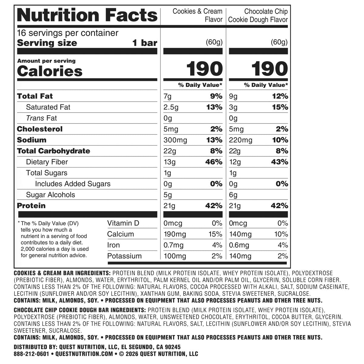 Quest protein bars Chocolate Chip Cookie Dough and Cookies and Cream
