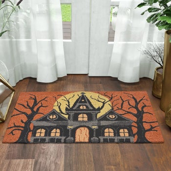 Devgiri Harvest hooked accent rug with Haunted House design, 22 x 38 inches