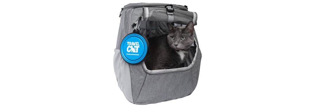 Gray Travel Cat Navigator convertible cat backpack with travel bowl