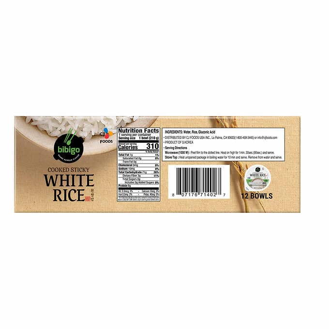 bibigo Cooked Sticky White Rice Bowls, Medium Grain, 7.4 oz, 12 ct
