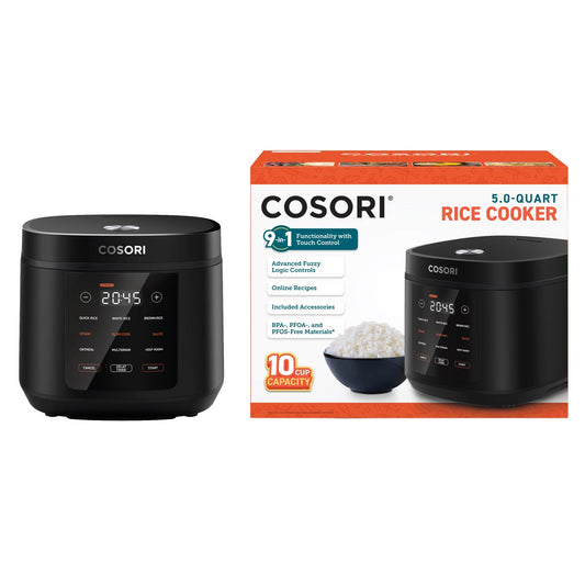 Satin black Cosori rice cooker with one-touch controls