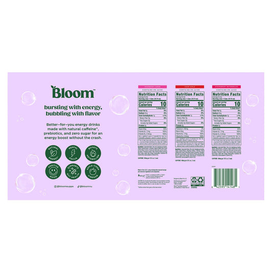 Bloom energy drink cans in Raspberry Lemon Crisp Apple and Strawberry Watermelon