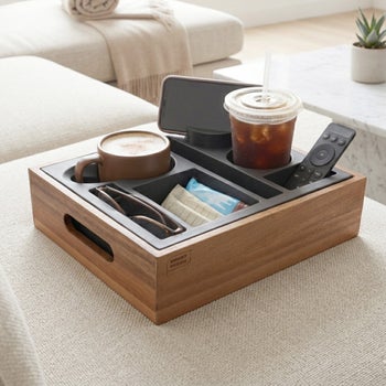 Smart Design acacia couch console tray with cup holders and phone holder
