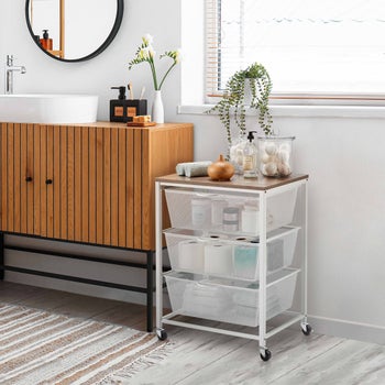 Edifice white 3-tier mesh basket cart with drawers