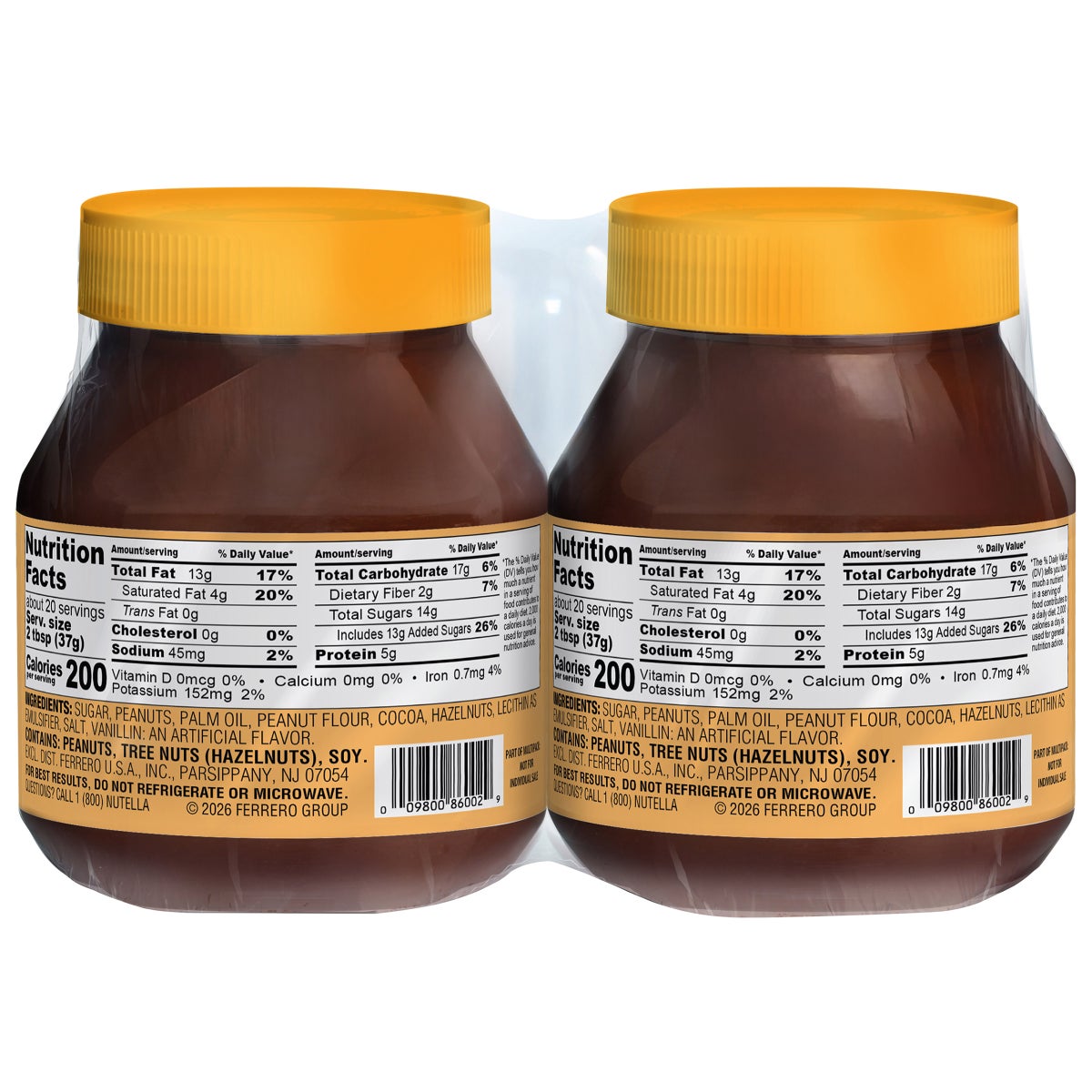 Two jars of Nutella peanut spread with cocoa