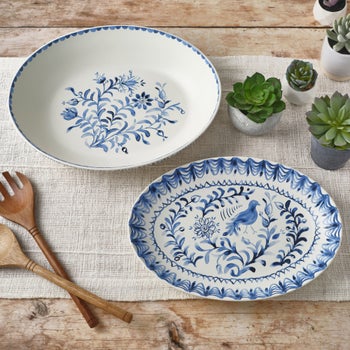 Fitz & Floyd Sicily Blue stoneware serve bowl and platter set
