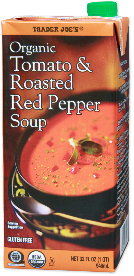 Organic tomato and roasted red pepper soup by Trader Joe's