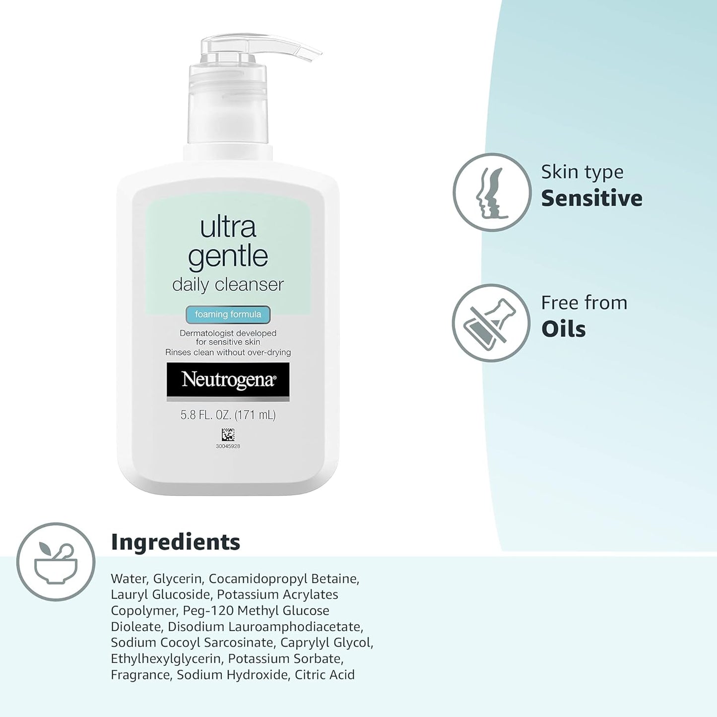 Neutrogena Ultra Gentle Foaming Facial Cleanser, Fragrance Free Hydrating Face Wash for Sensitive Skin, Daily Non Over Drying Makeup Remover, Hypoallergenic, Soap & Dye Free, Non-Comedogenic, 16 Fl Oz