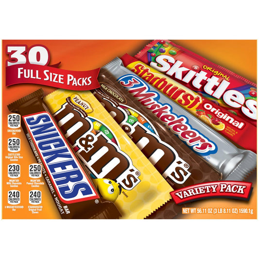 Full-size M&M's and Skittles candy assortment