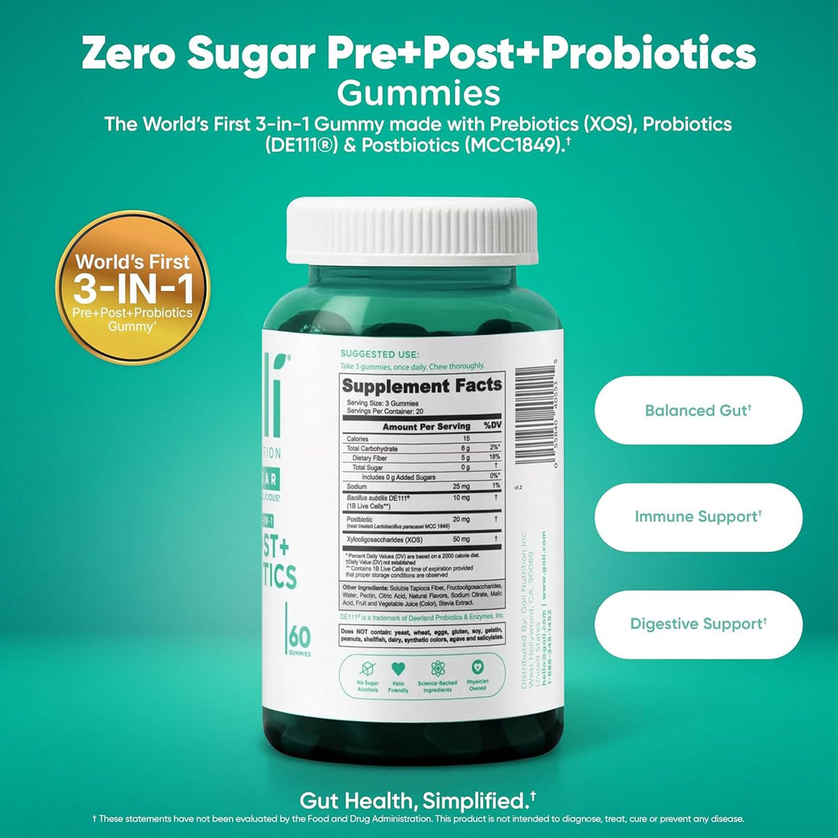 Goli zero sugar 3-in-1 pre post probiotic gummies