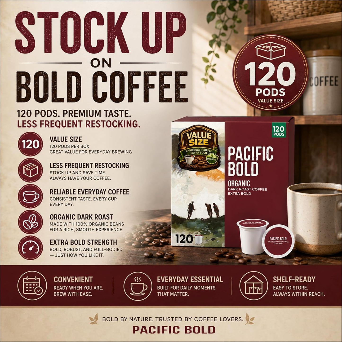 Organic Pacific Bold K Cup Coffee Pods, 120 CT, Extra Bold, Dark Coffee