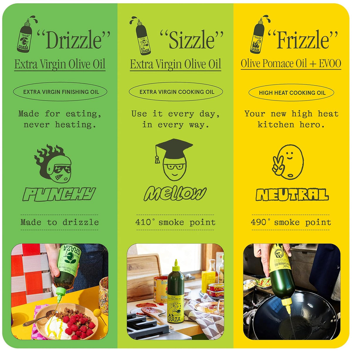 Graza EVOO cooking oil in squeeze bottle