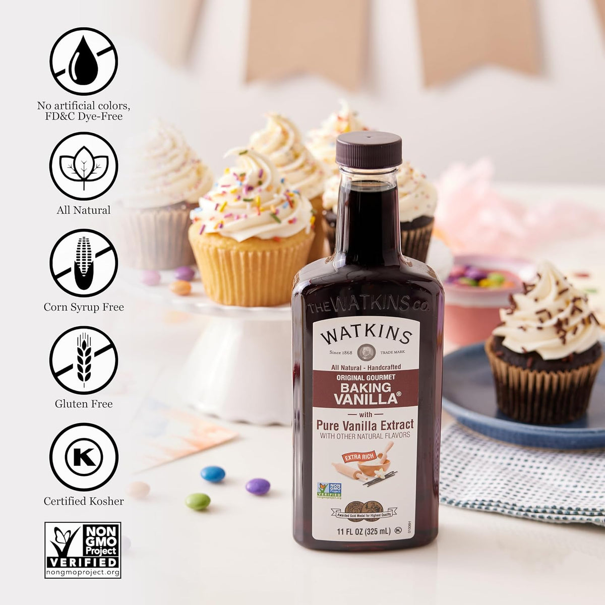 11 fl oz bottle of Watkins baking vanilla extract