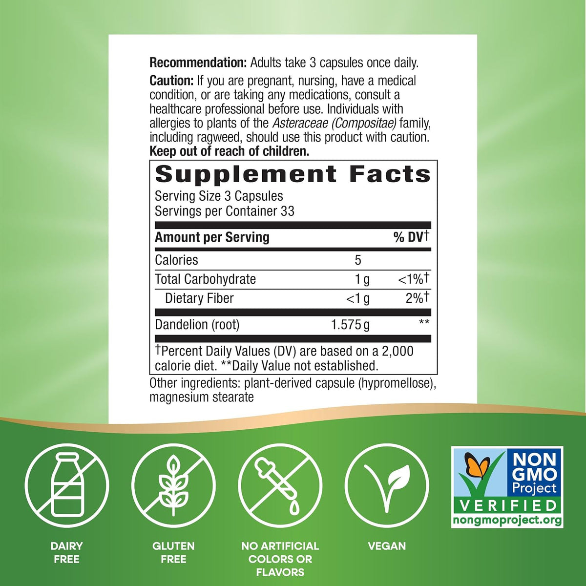 Non-GMO dandelion root capsules by Nature's Way