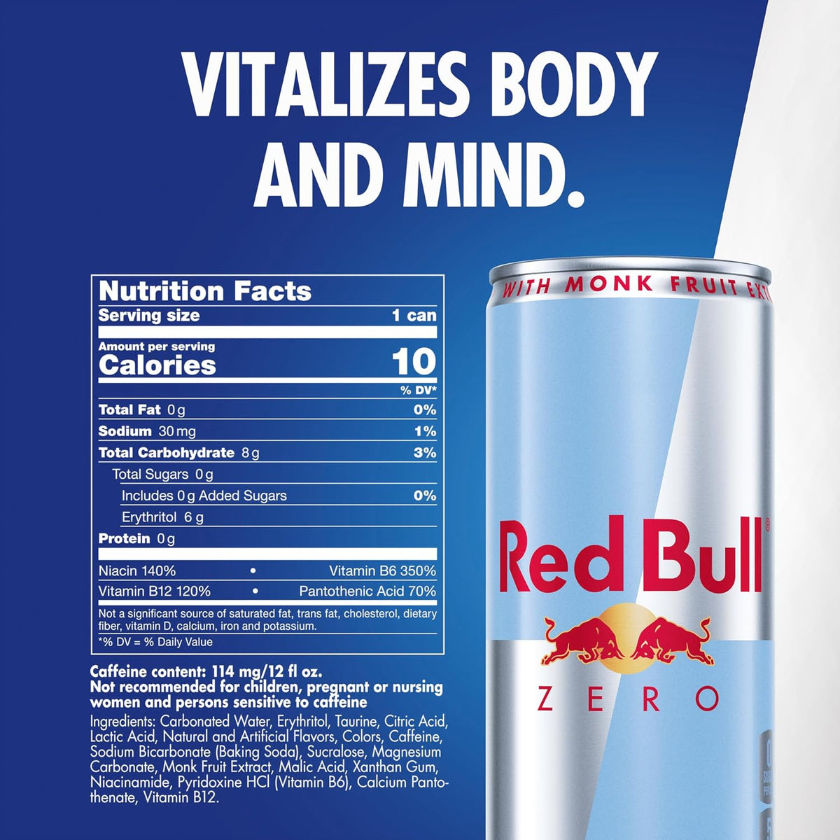 Red Bull Zero energy drink with 114mg caffeine per serving