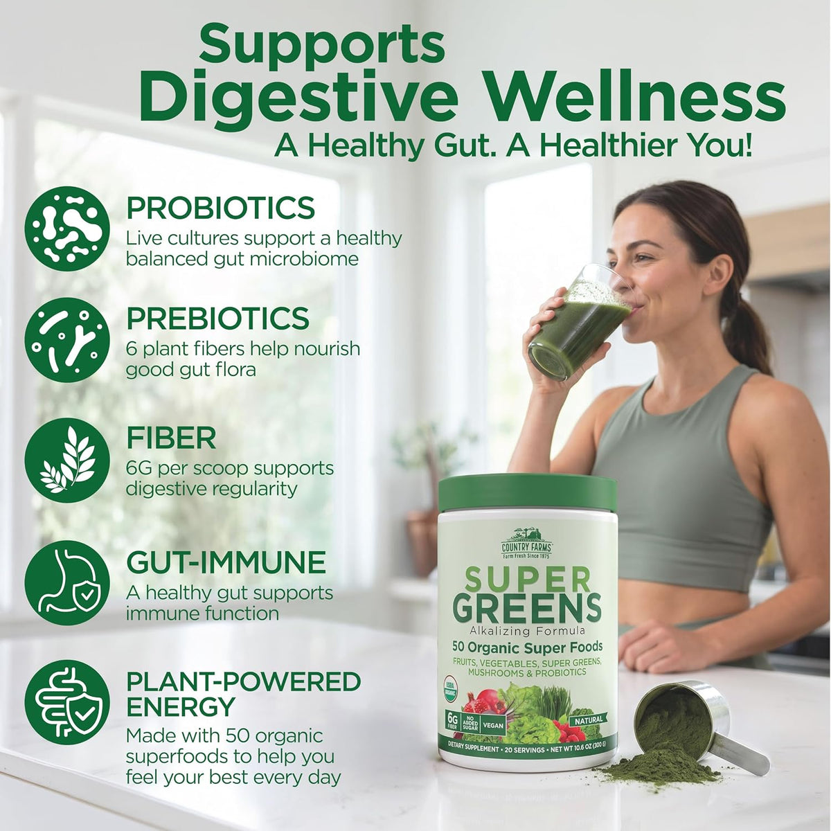 Daily greens supplement powder for smoothies and shakes