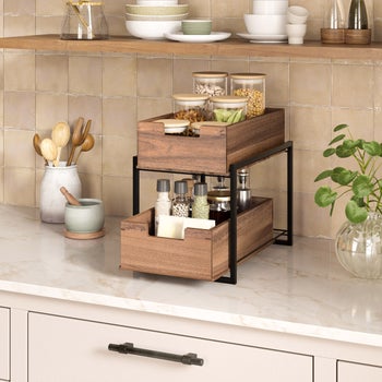 Seville Classics acacia two-tier sliding bin organizer