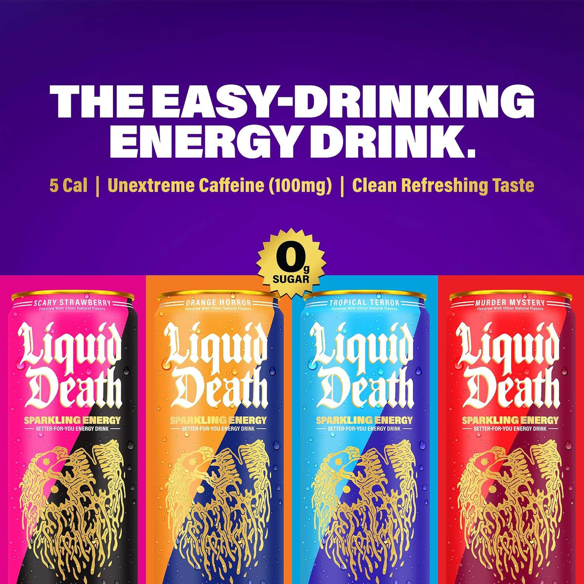 Liquid Death Strawberry Orange Murder Mystery energy drinks