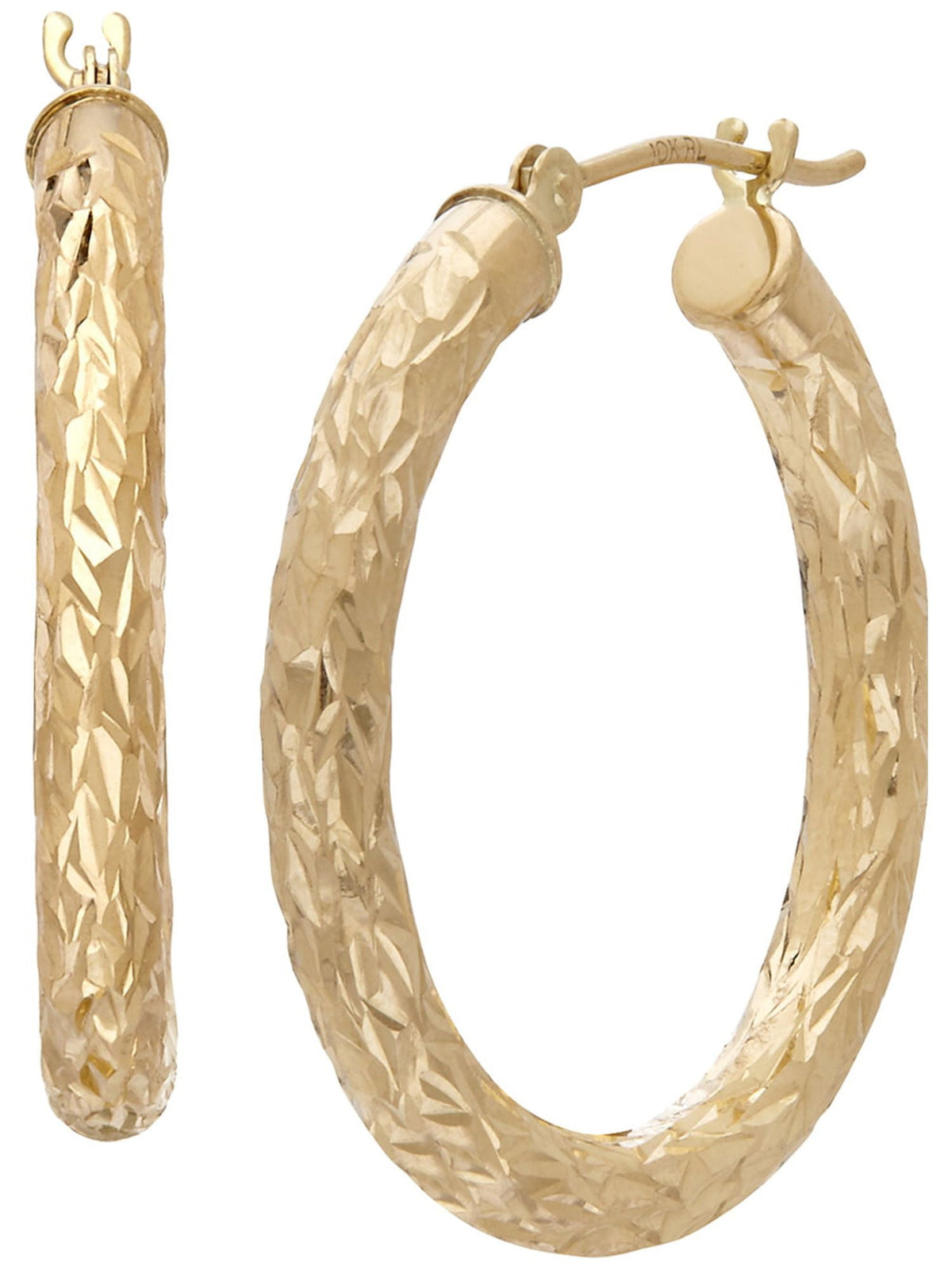 Classic round gold hoop earrings with hinge bar closures