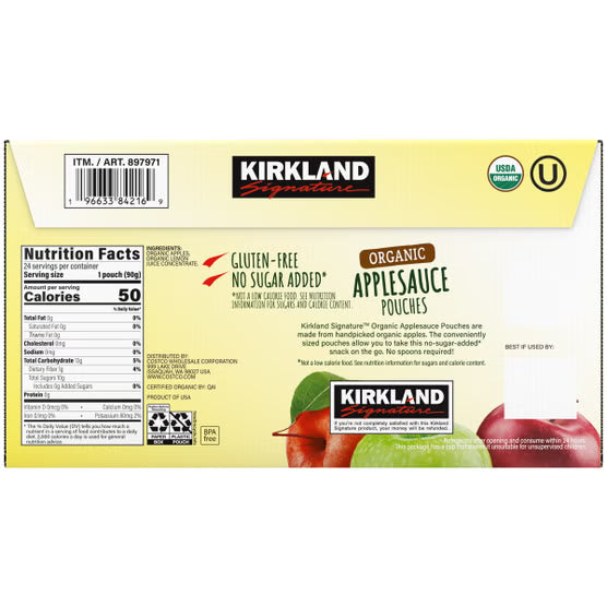 Kirkland Signature, Organic Applesauce, 3.17 oz, 24-Count