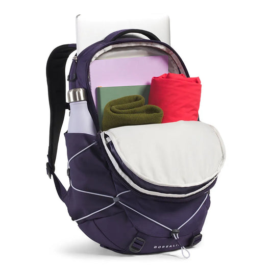 Purple North Face daypack with bungee straps