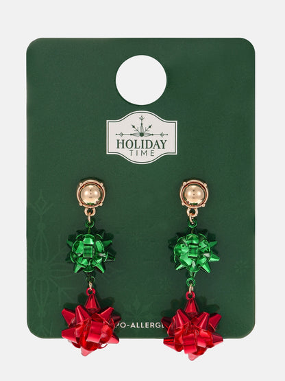 Holiday gift-bow earrings with a gold-plated look