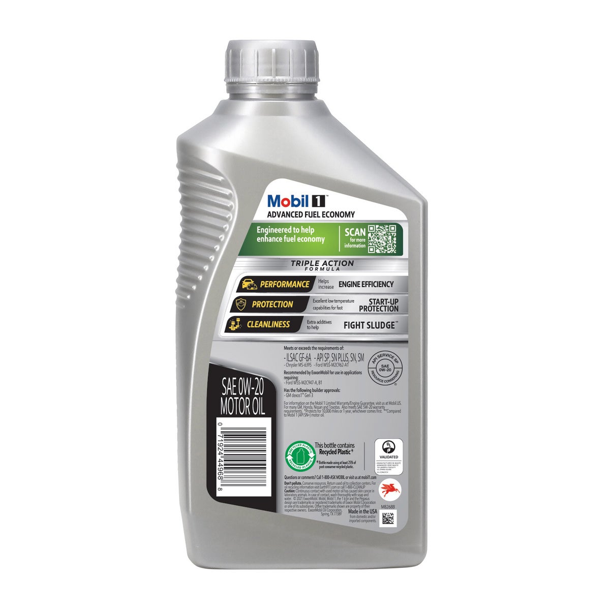 Mobil 1 0W-20 synthetic motor oil packaging