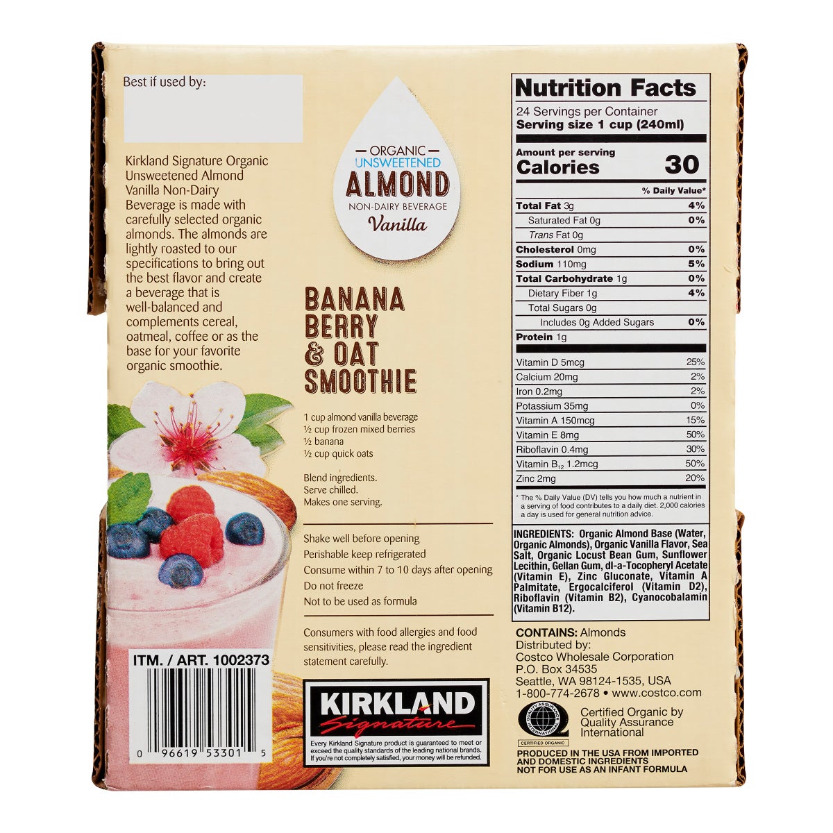 Organic vanilla almond beverage 32 fl oz carton