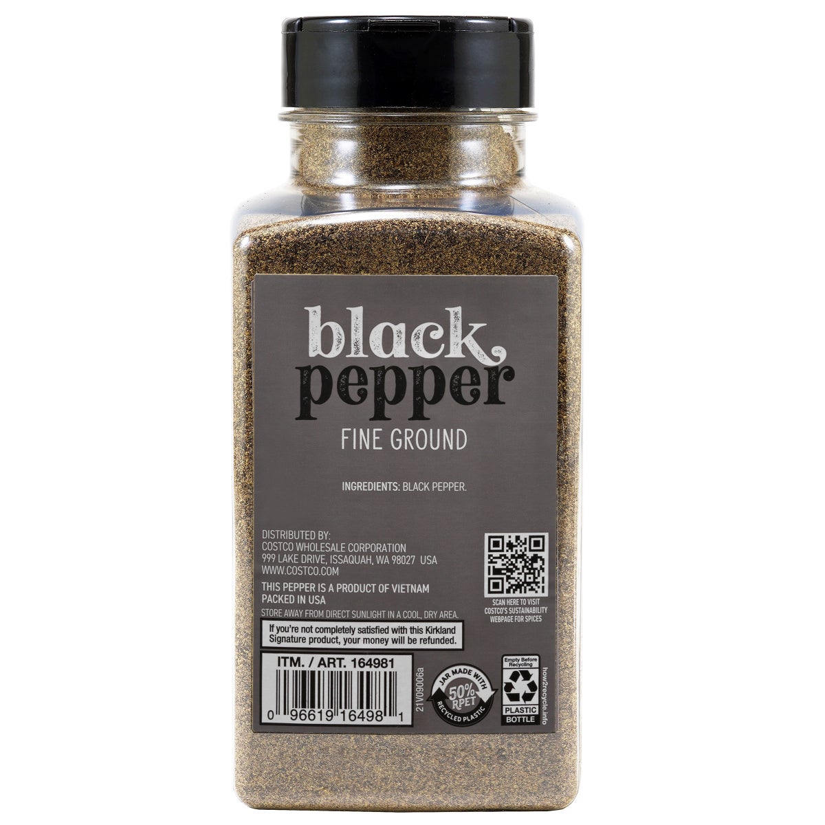 Fine ground black pepper seasoning jar by Kirkland Signature
