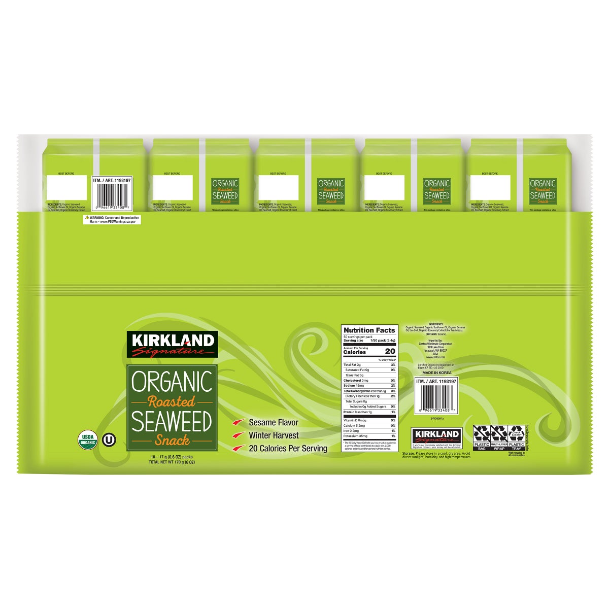 Kirkland Signature seaweed snack nutrition and packaging